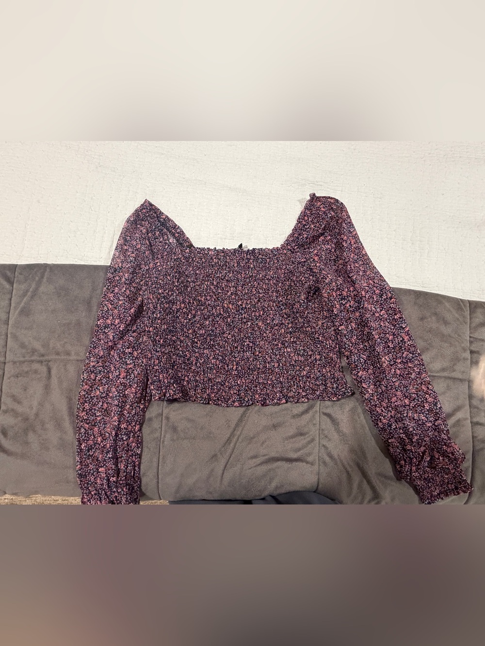 Smocked Square Neck Long Sleeve Top - Pink Floral